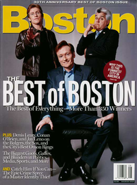 Cover of Boston magazine’s 30th-anniversary Best of Boston issue, showing three people posing in formal clothing.